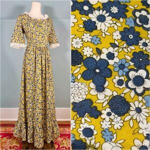 Vintage 1970s Prairie Dress Floral Calico Cotton Soft 70s Cottagecore Size Large